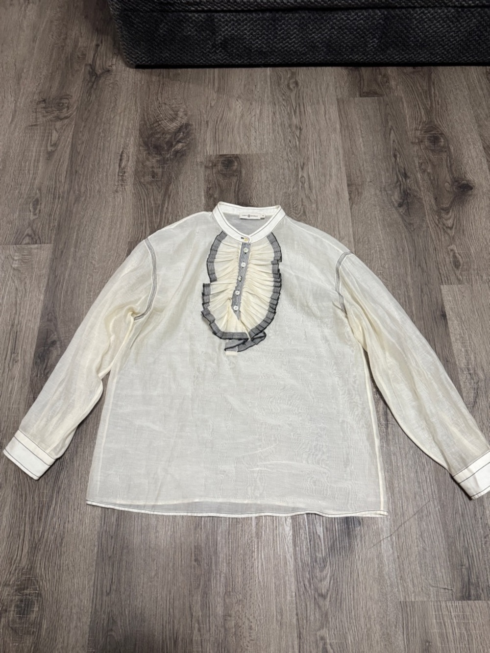 Tory Burch Cream Ruffle-Front Long Sleeve Shirt with Gray Trim